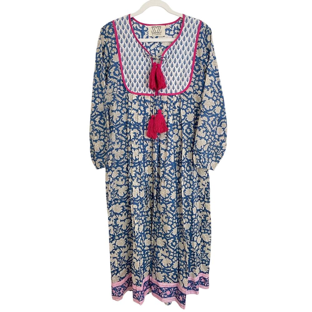 SZ Blockprints Tuckernuck Kitty Caftan Midi Cotton Blue Multi Block Print Dress